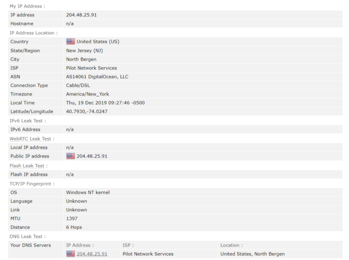 Screenshot from Browserleaks.com showing a US IP address, with no IP or DNS leaks Screenshot from Browserleaks.com showing a US IP address, with no IP or DNS leaks