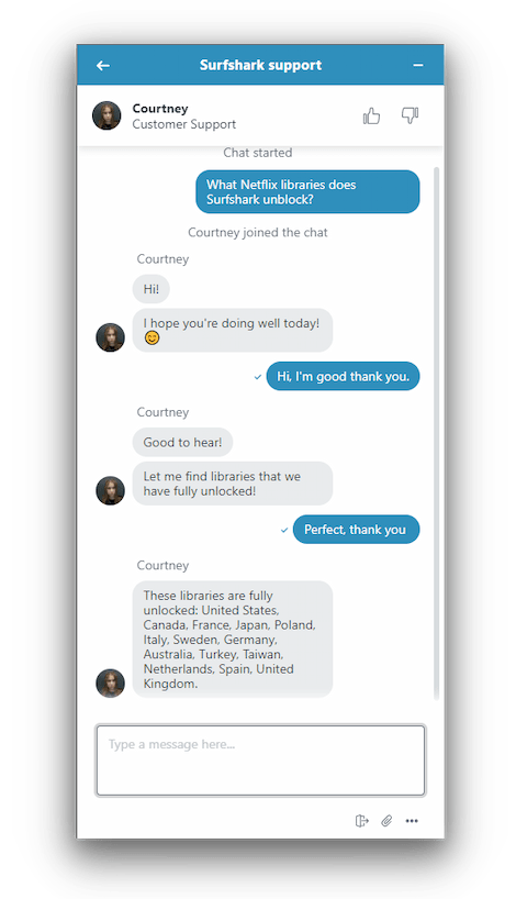 Surfshark offers quick live chat support Surfshark offers quick live chat support