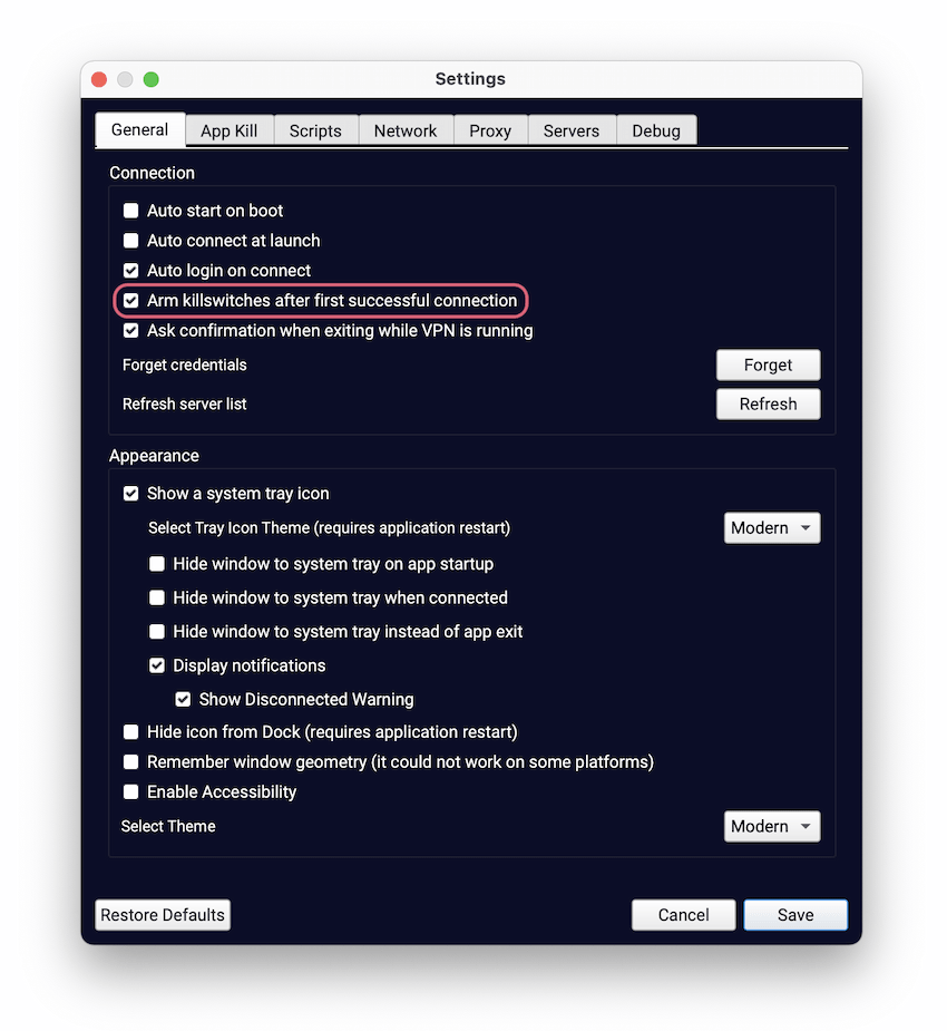 TorGuard has a defunct kill switch option under General TorGuard has a defunct kill switch option under General