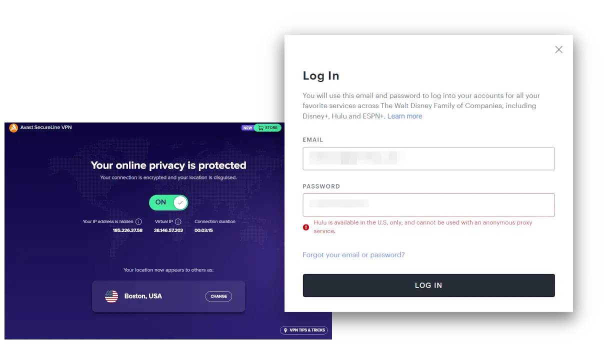 Avast VPN failed to unblock Hulu