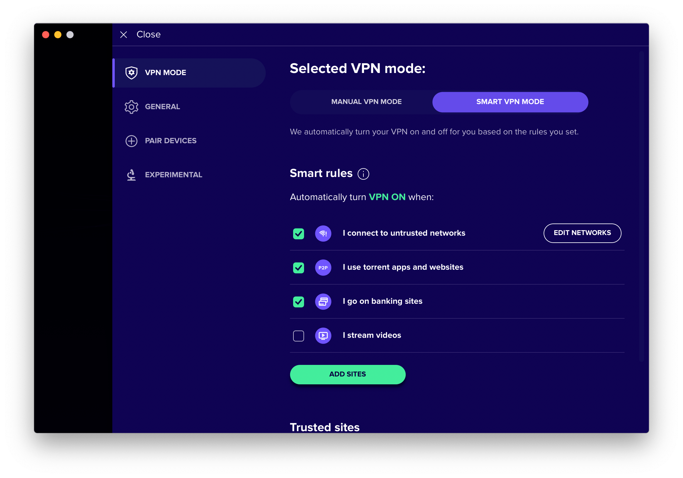 Avast SecureLine includes Smart Mode