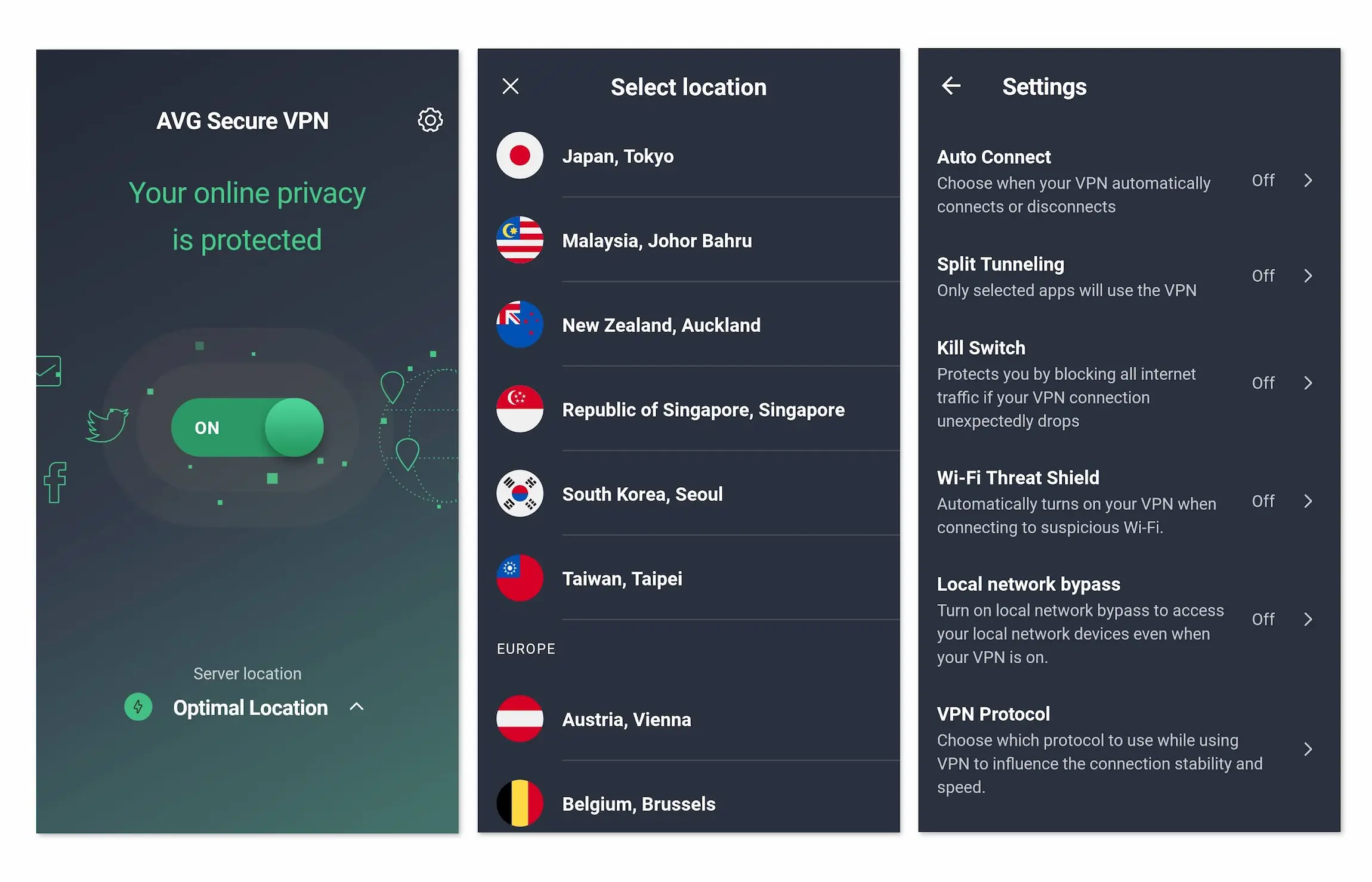 AVG Secure VPN on Android consists of three windows AVG Secure VPN on Android consists of three windows