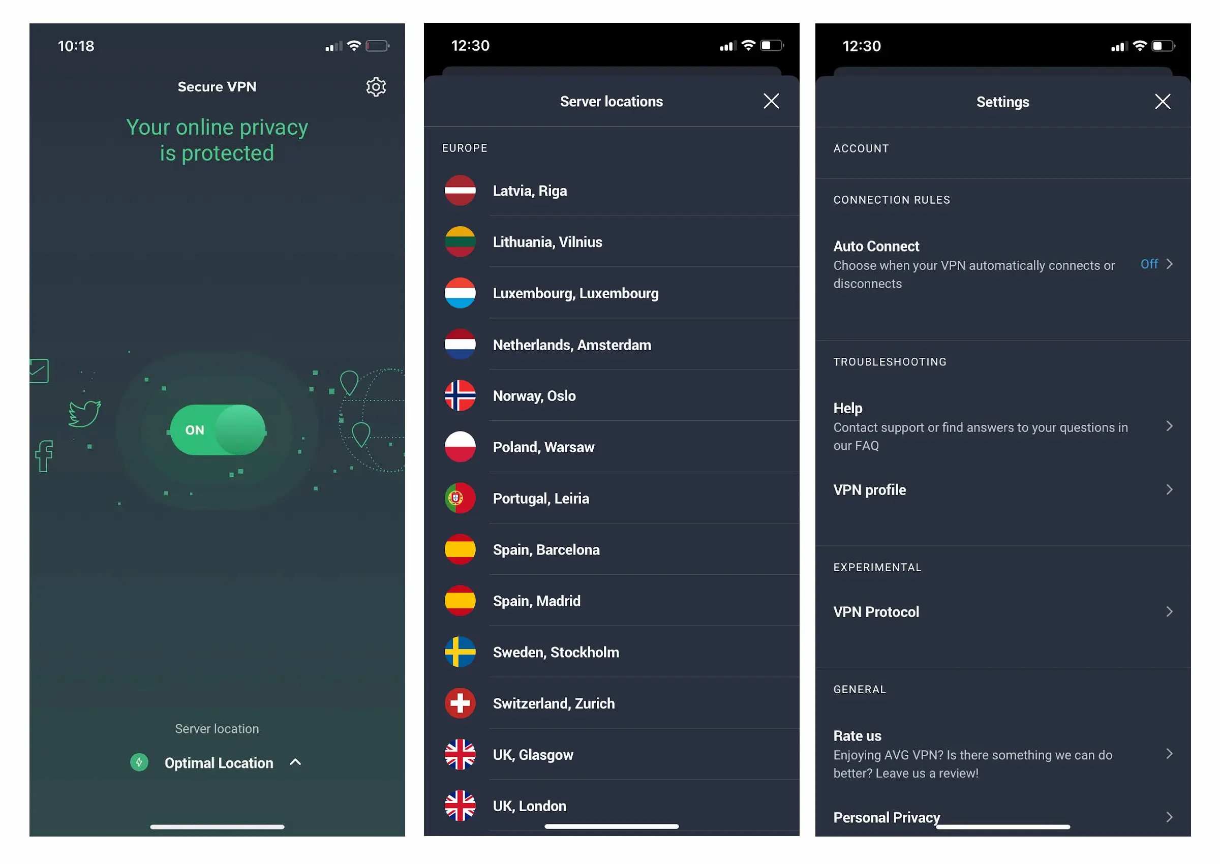 AVG Secure VPN on iOS has fewer settings options than Android AVG Secure VPN on iOS has fewer settings options than Android