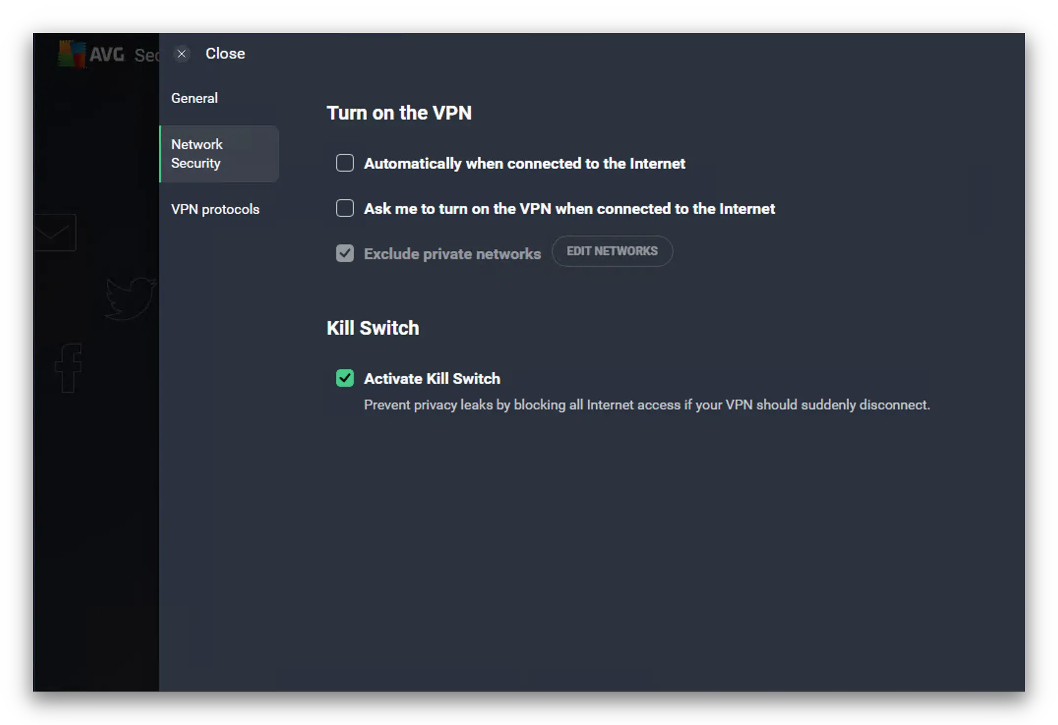 AVG VPN’s sparse security settings as they appear on the Windows app AVG VPN’s sparse security settings as they appear on the Windows app
