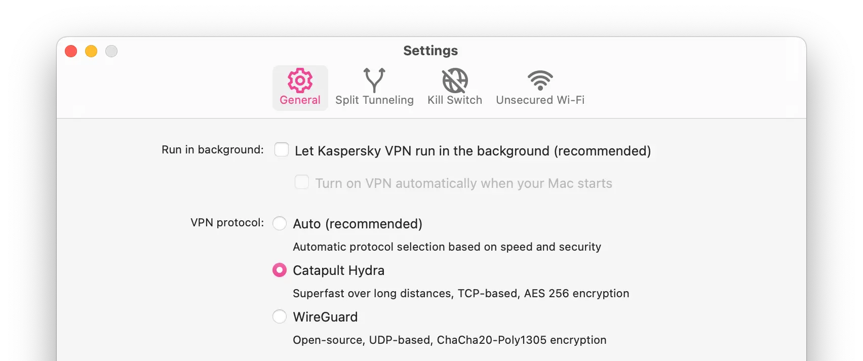 Kaspersky VPN has two protocol options Kaspersky VPN has two protocol options