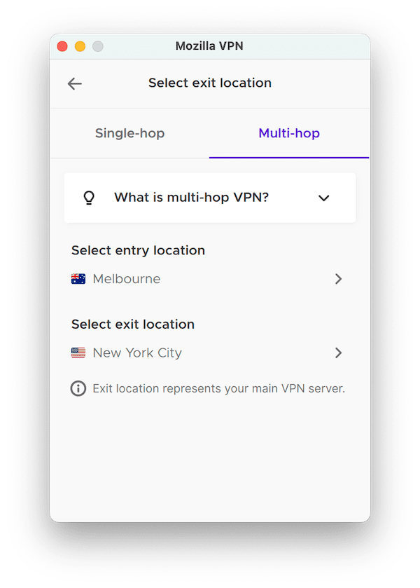Double VPN (called multi-hop in the Mozilla VPN app) Double VPN (called multi-hop in the Mozilla VPN app)