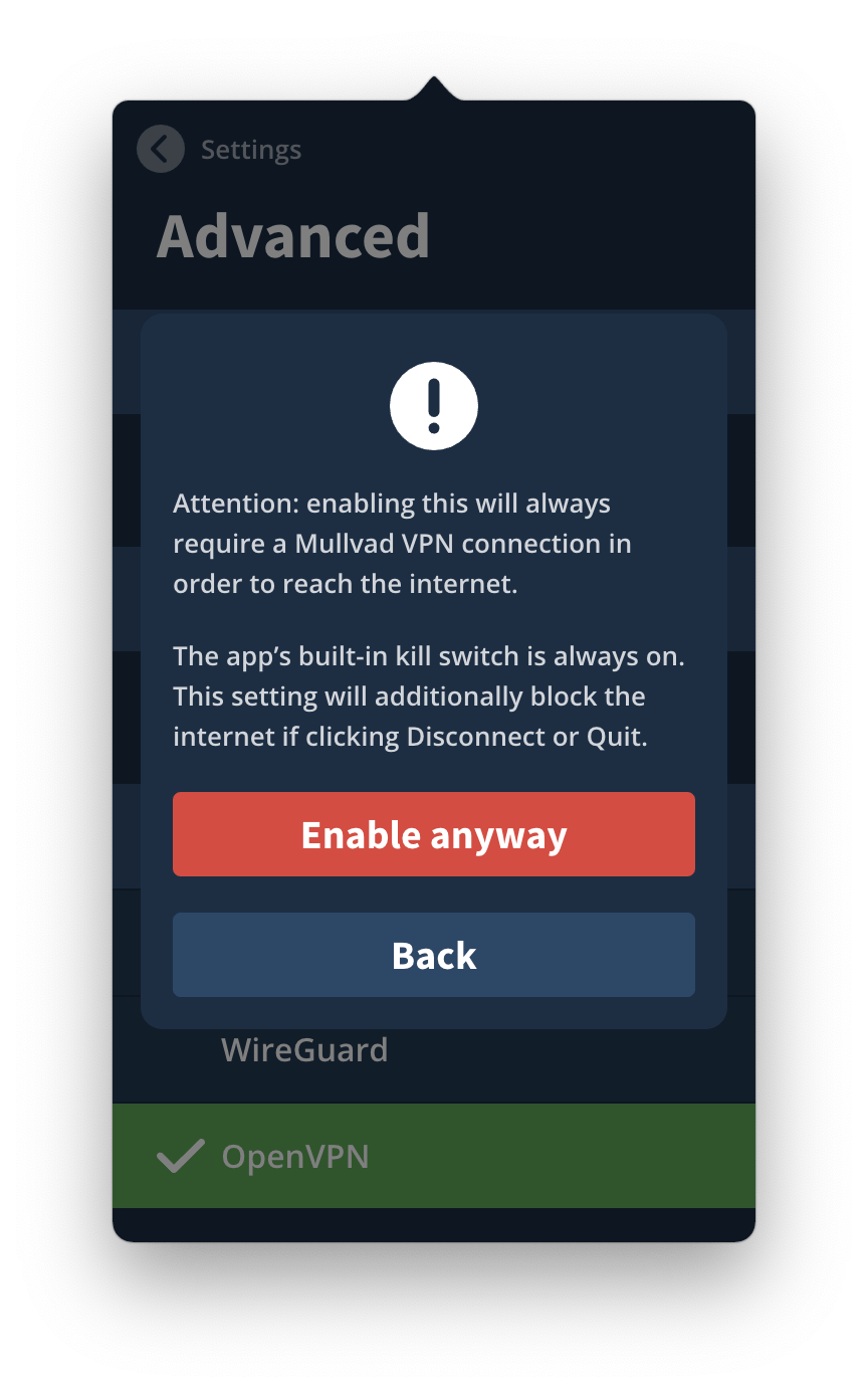 Mullvad can block your internet connection until you connect to an encrypted VPN server Mullvad can block your internet connection until you connect to an encrypted VPN server