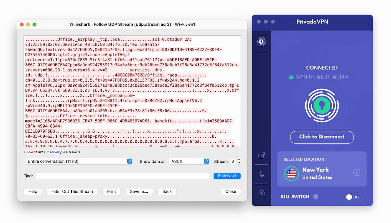 PrivadoVPN encrypted our internet traffic
