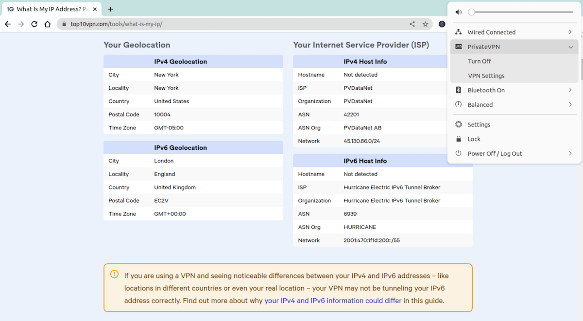 Running on Ubuntu, PrivateVPN leaked our IPv6 address.