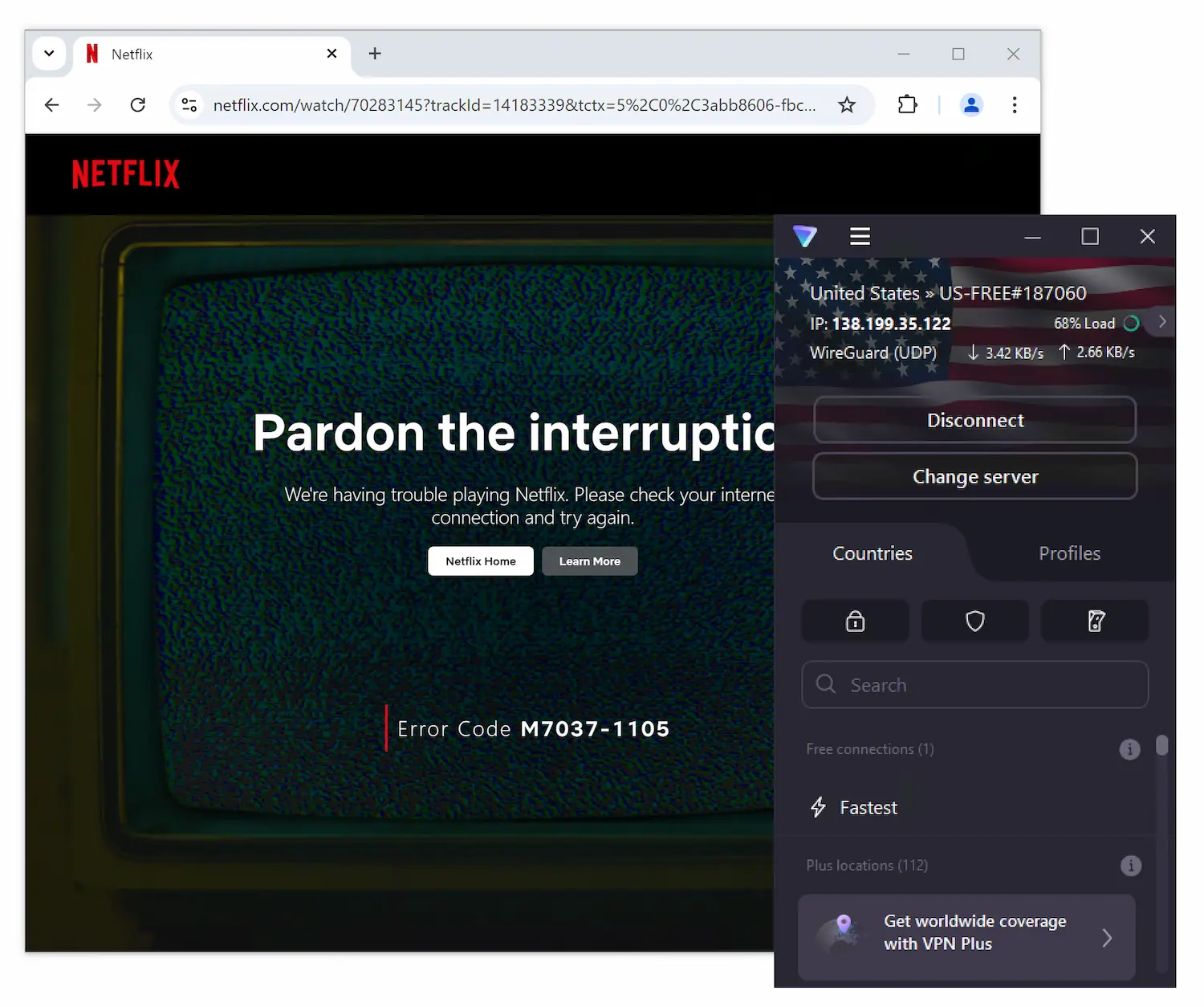 Proton VPN Free can’t bypass Netflix’s geo-blocks