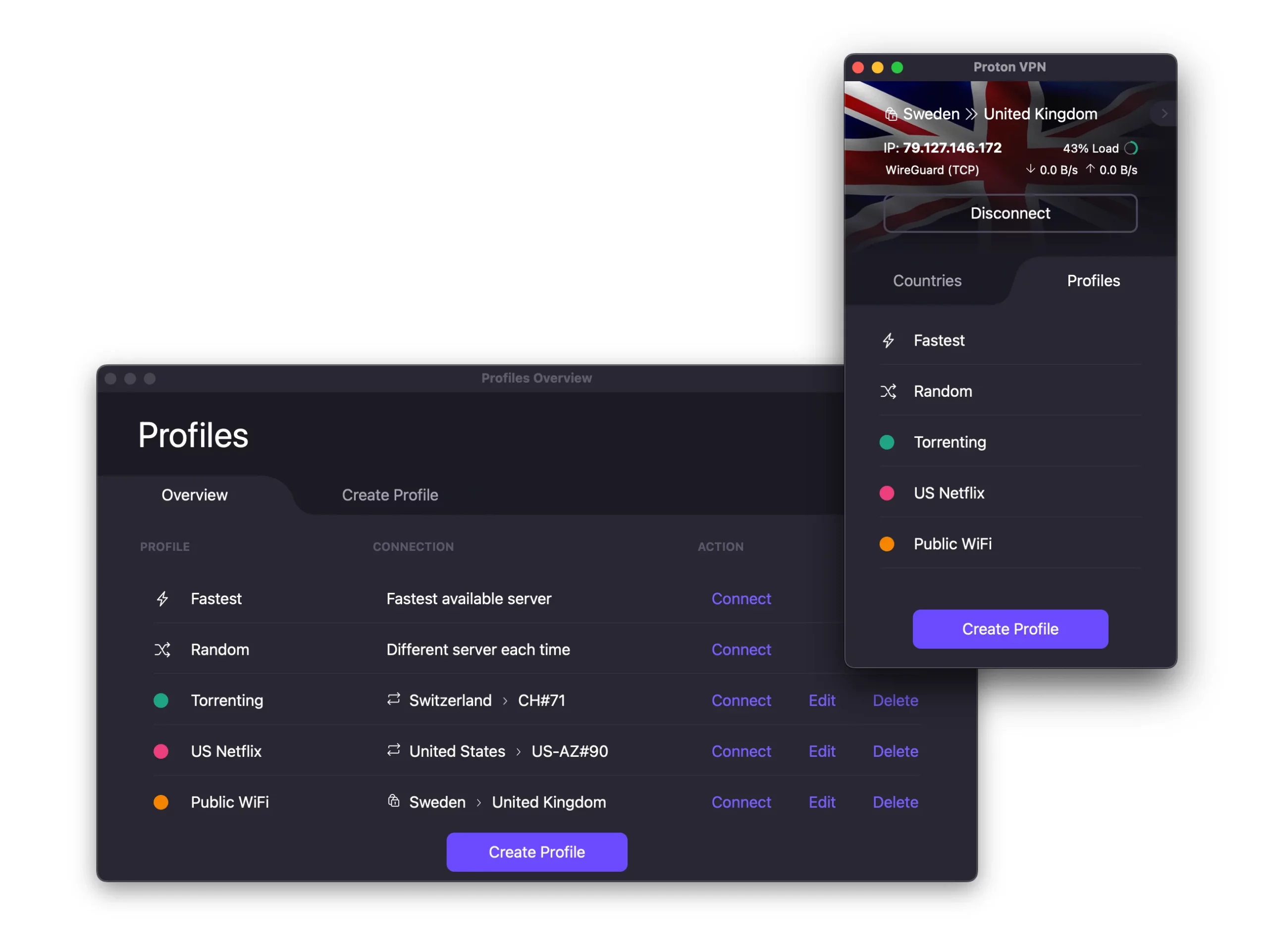 Profiles to pre-set server combinations for torrenting