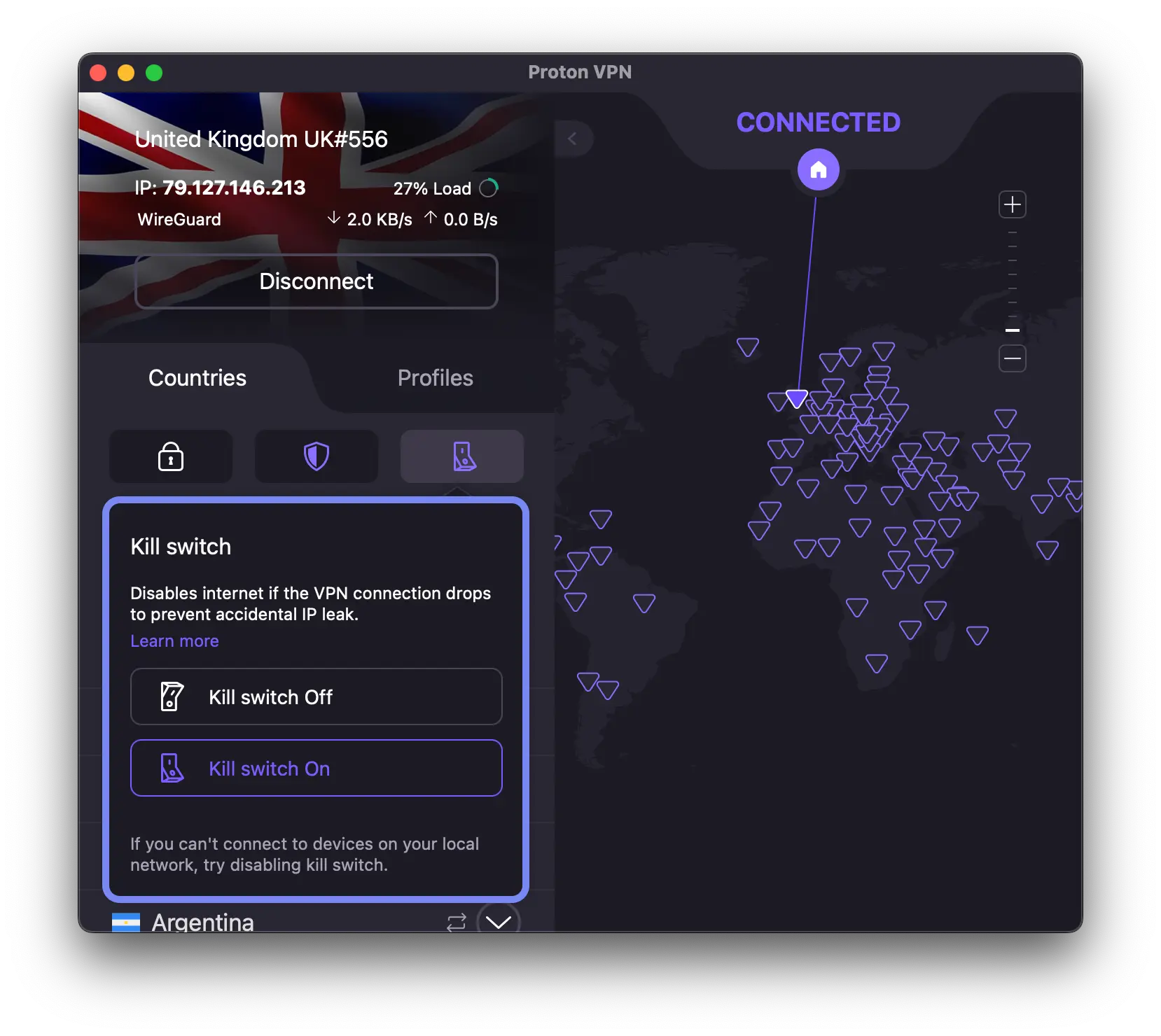 turn on the kill switch from Proton VPN’s homepage