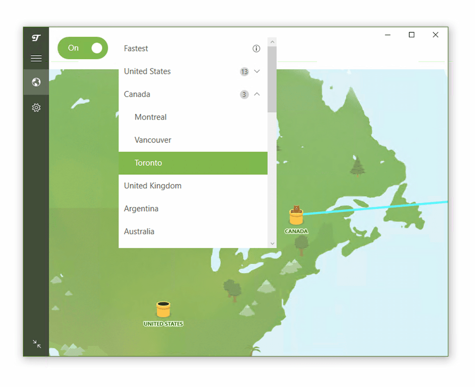 TunnelBear has three city-level servers in Canada and 13 in the US