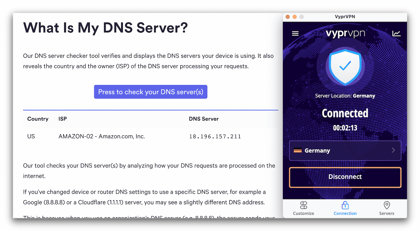 A partial leak test, showing Amazon DNS servers instead of VyprVPN’s A partial leak test, showing Amazon DNS servers instead of VyprVPN’s