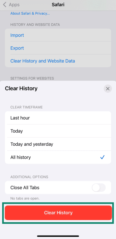 Select All history and click Clear History