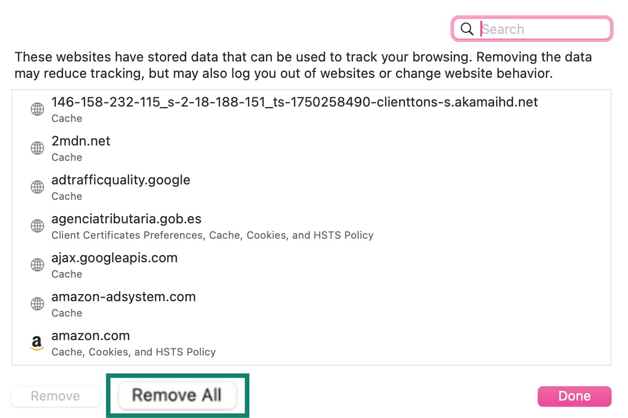 Remove All to clear cookies and cache
